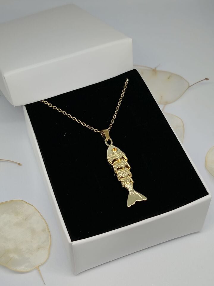 Çelik Kıvrık Balık Gold Kolye