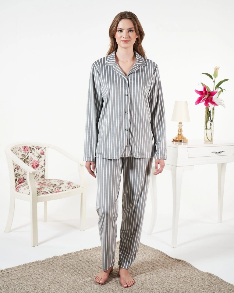 Estiva 25360 Gömlek Yaka Çizgili Kadife Pijama Takımı