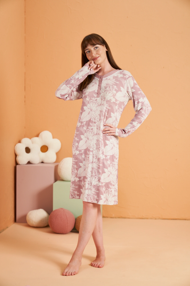 PJS 28019 Kadın Uzun Kol Desenli Gecelik