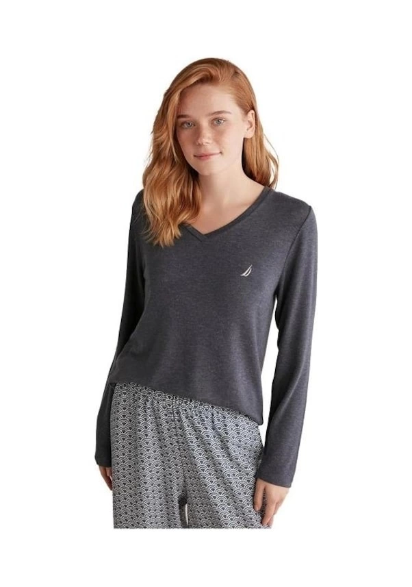 Nautıca W618 Kadın Patlı V Yaka Uzun Kollu Pijama Takımı