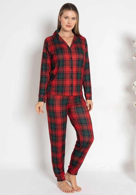 Estiva 24494 Bayan Termal Önü Düğmeli Ekoseli Pijama Takımı