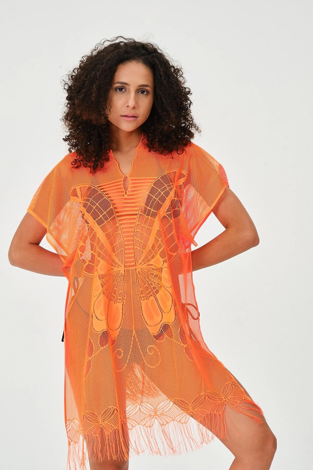 Freshness Kadın Dantelli Kelebek Desen Ve Düz Püsküllü File Pareo