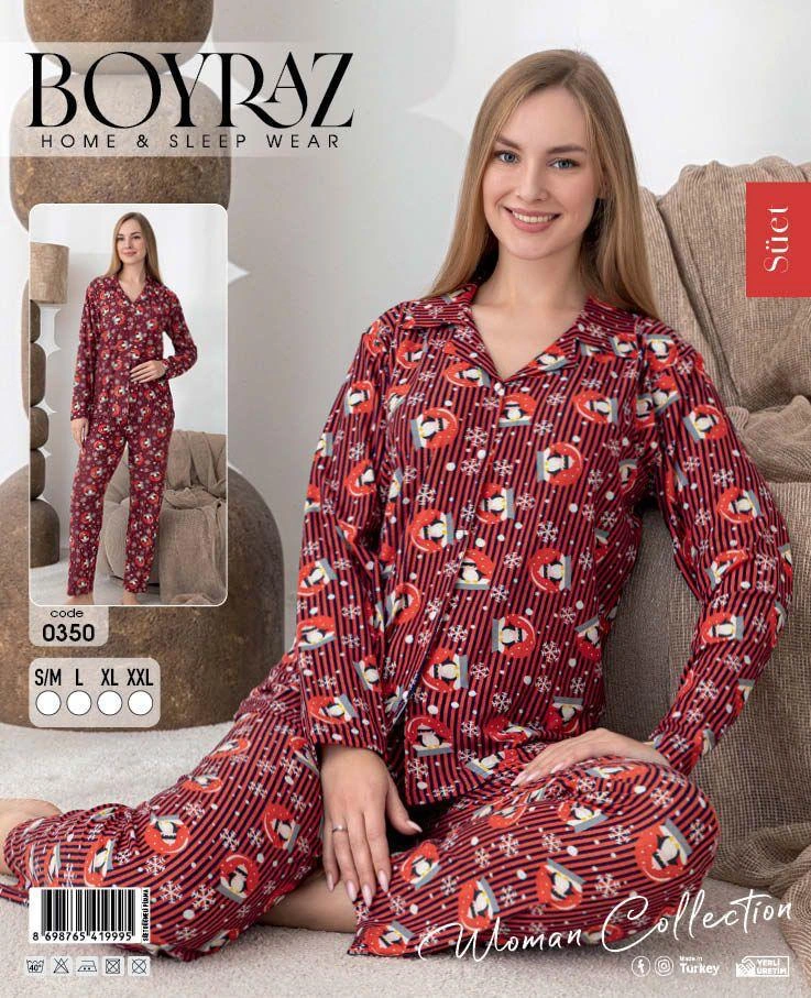 Boyraz 0350 Kadın Süet Patlı Uzun Kol Pijama Takımı
