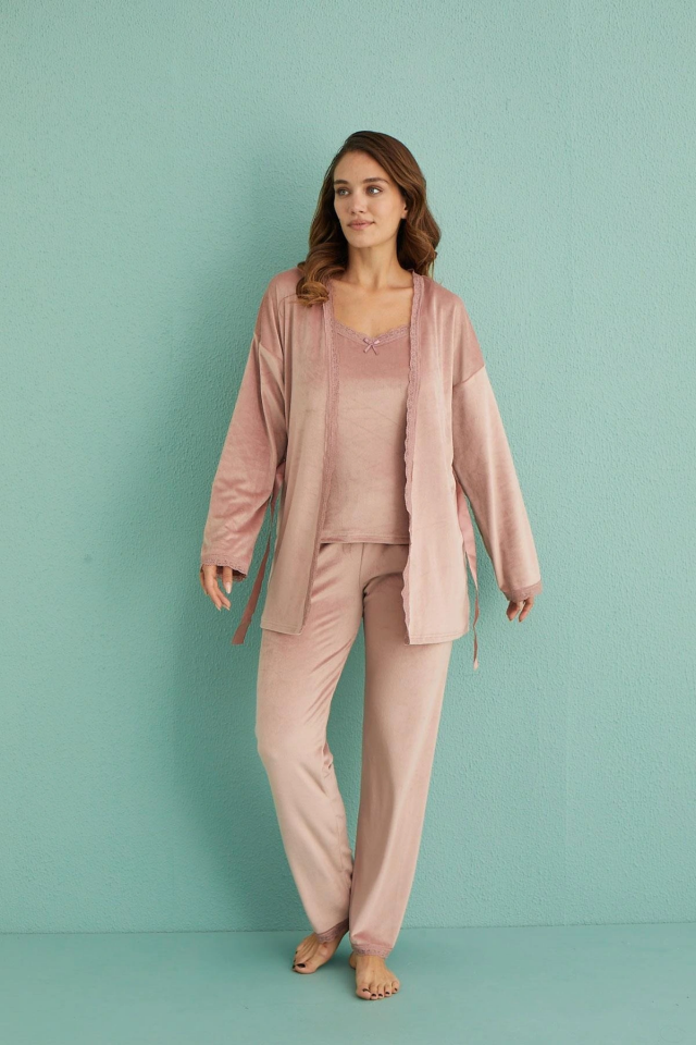 Mihra 13402 Kadın Kadife 3'Lü Pijama Takımı