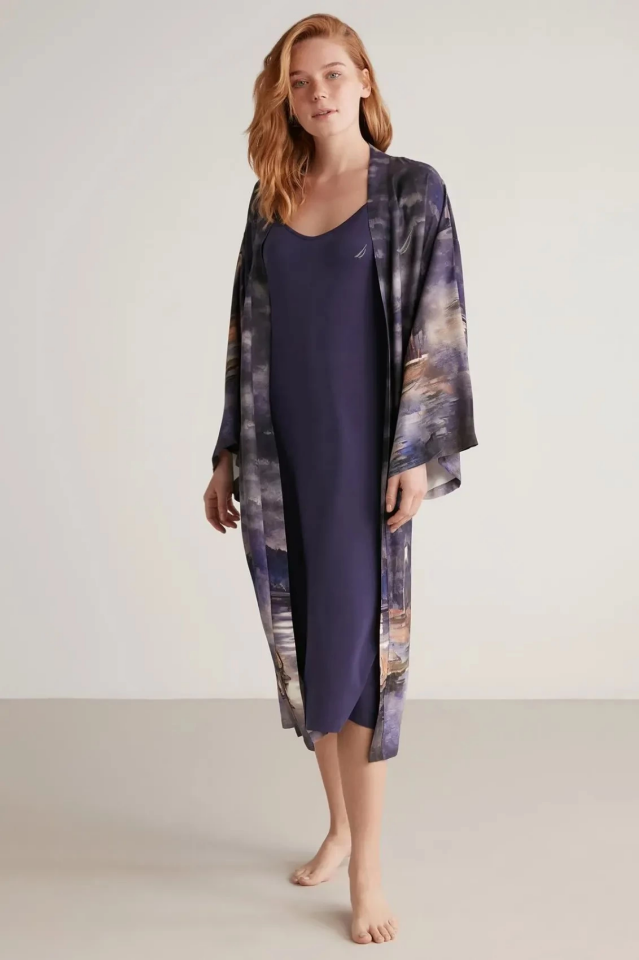 Nautıca W603 Kadın Baskılı Uzun Gecelik ve Sabahlık Takımı