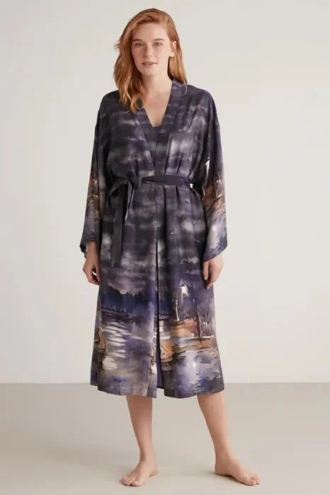 Nautıca W603 Kadın Baskılı Uzun Gecelik ve Sabahlık Takımı