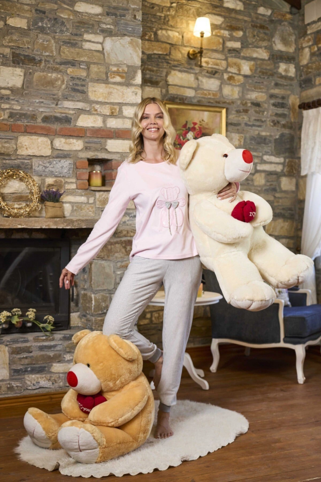 Aqua 26228 Kadın Uzun Kol Ayıcık Detaylı Pijama Takım