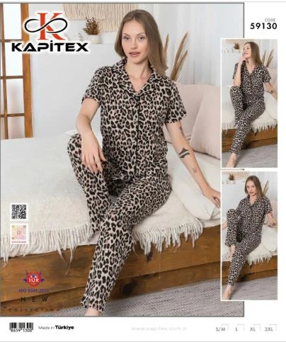 Kapitex 59130 Kadın Leoparlı Kısa Kol Pijama Takımı