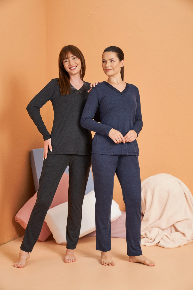 Pjs 28091 Kadın Uzun Kol V Yaka Pijama Takımı