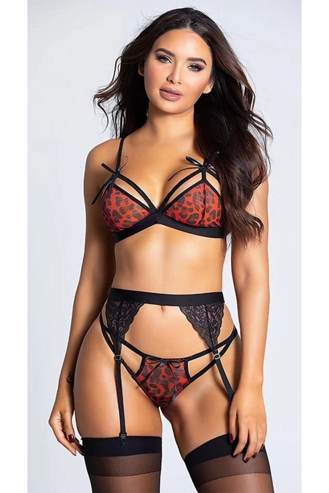 For Dreams 8356 Kırmızı Leopar Desenli Jartiyer Takım