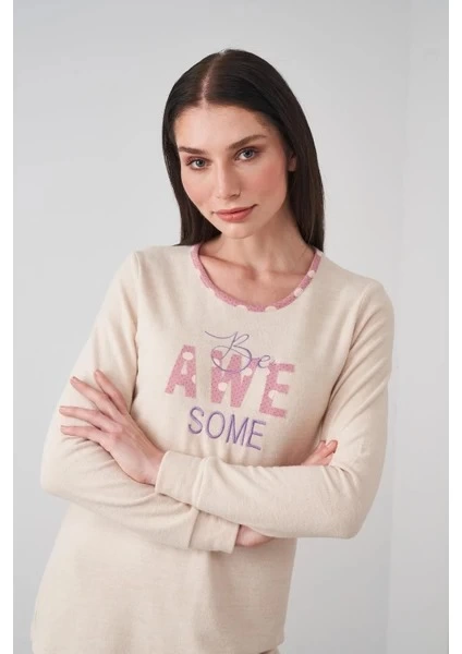 PJS 24503 Bayan Yazı Detaylı Pijama Takımı