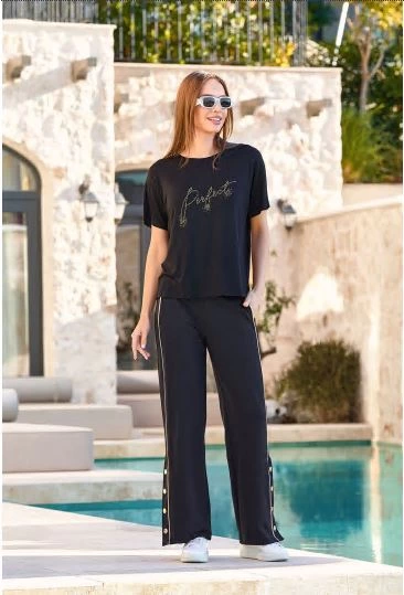 Aqua 25714 Kadın Taş Baskılı Paça Çıtçıt Detay 2'li Takım