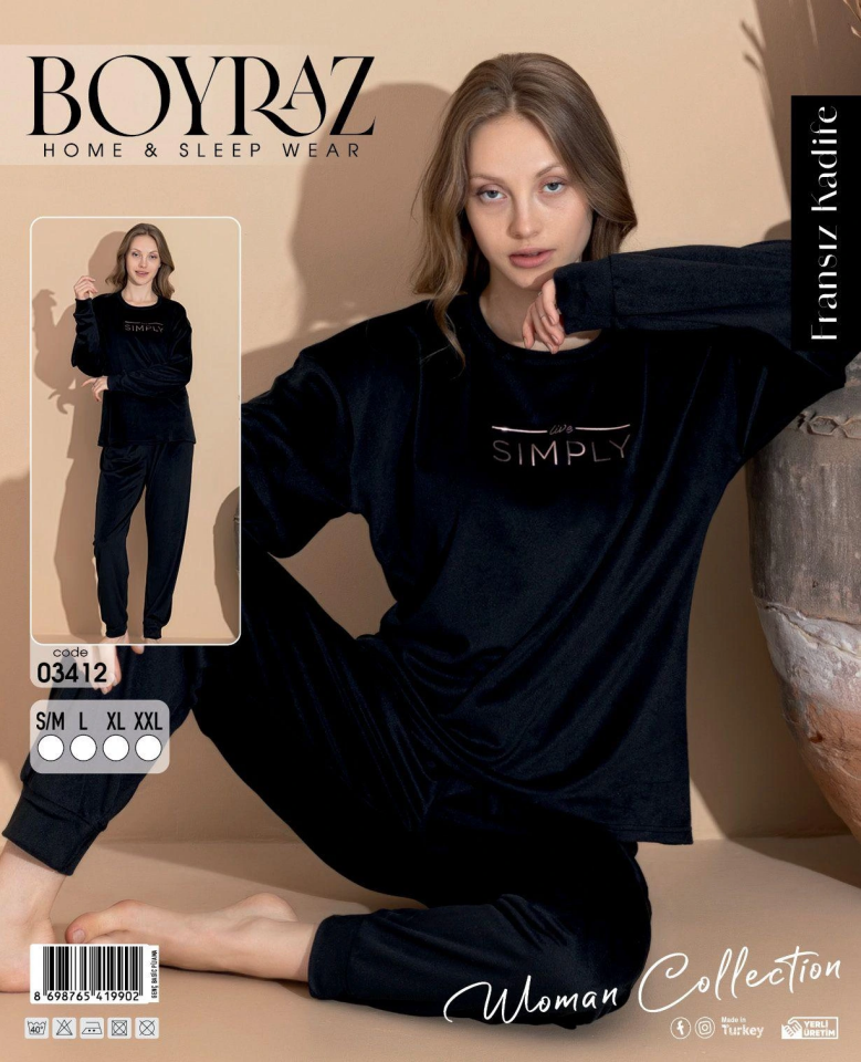 Boyraz 03412 Fransız Kadife Kumaş Uzun Kol Pijama Takımı