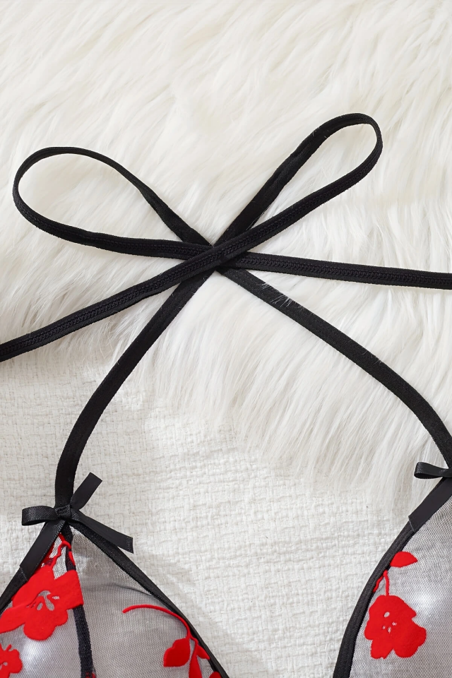 Çiçek Desenli Siyah Transparan Gecelik TM1319