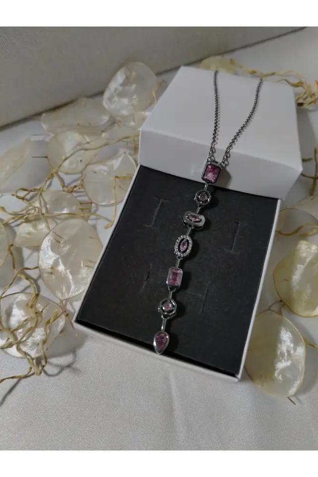 Pembe Taşlı Silver Çelik Y Kolye