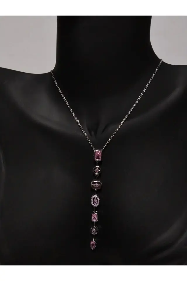 Pembe Taşlı Silver Çelik Y Kolye