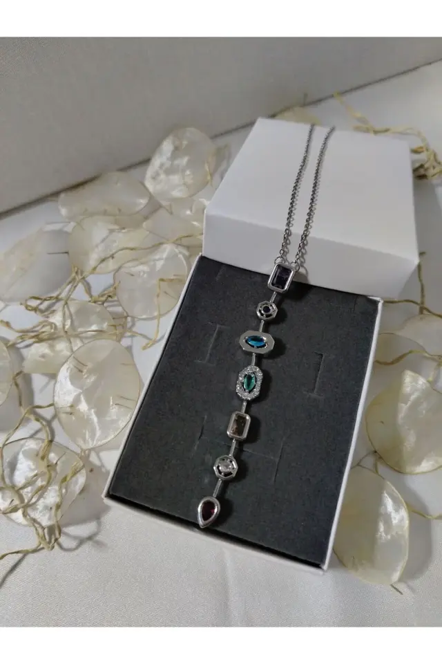 Renkli Taşlı Çelik Y Kolye