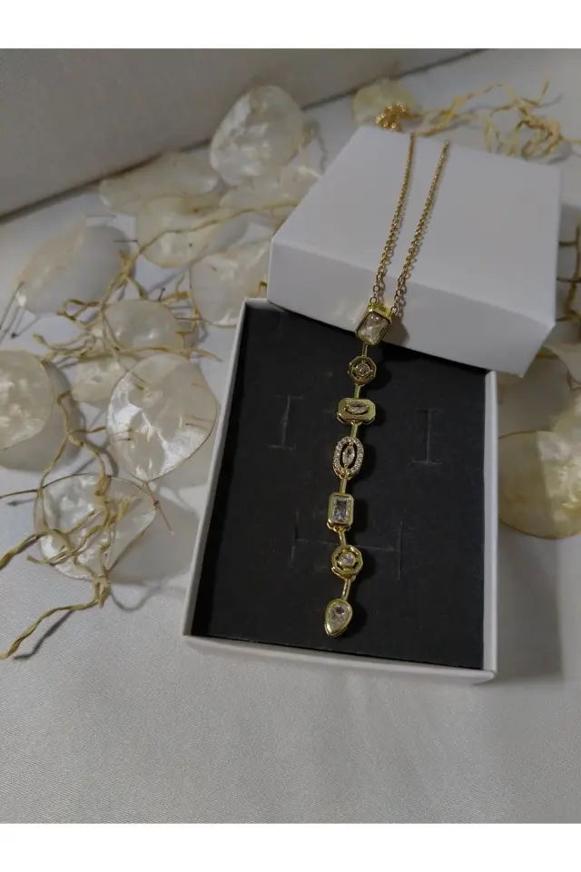 Beyaz Taşlı Gold Çelik Y Kolye