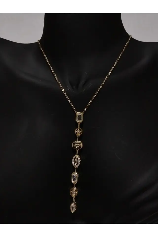 Beyaz Taşlı Gold Çelik Y Kolye