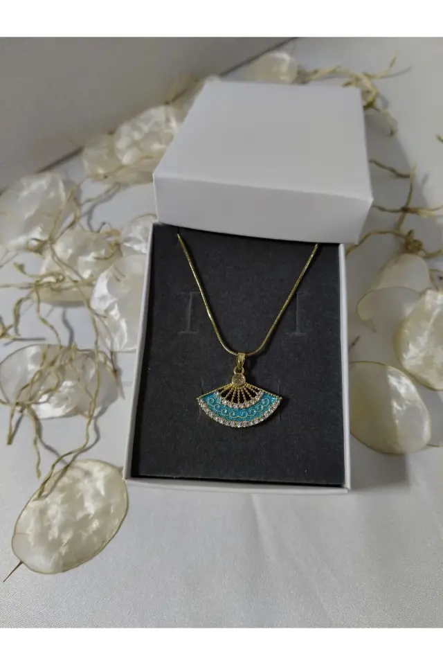 Mavi Yelpaze Gold Çelik Kolye