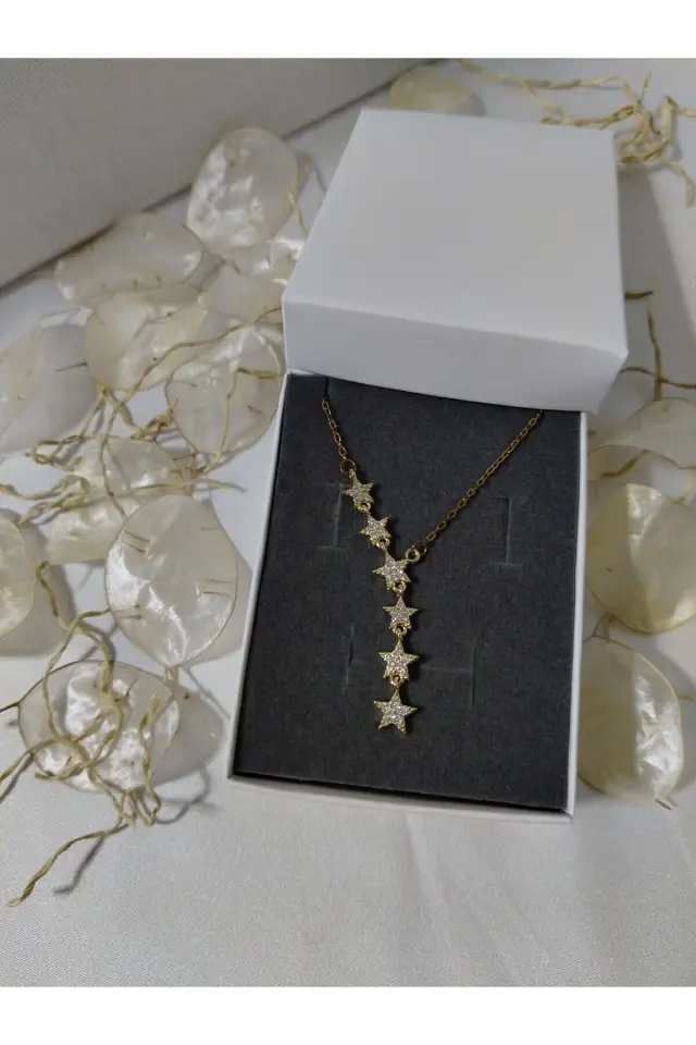 Altı Yıldız Taşlı Gold Çelik Kolye