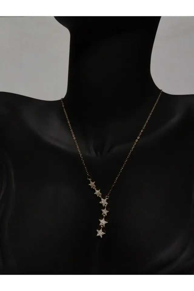 Altı Yıldız Taşlı Gold Çelik Kolye