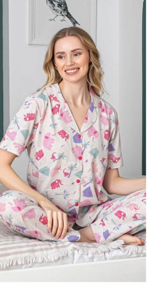 Alissa 6258 Kadın Fil Desenli Patlı Pijama Takımı