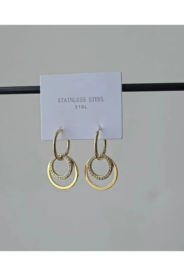 Çelik 2'li Yuvarlak Taşlı Gold Küpe