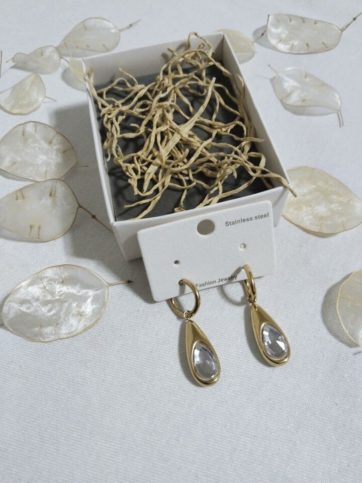 Çelik Damla Taşlı Gold Küpe