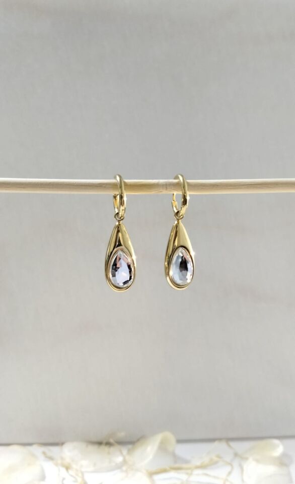 Çelik Damla Taşlı Gold Küpe